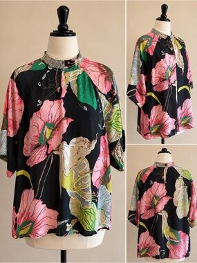 SHEIN Black Blouse with Pink Floral & Green Leaf Print